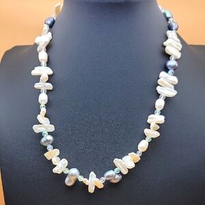 15" Choker Genuine Fresh Water Baroque Biwa Pearls & Faceted AB Crystal